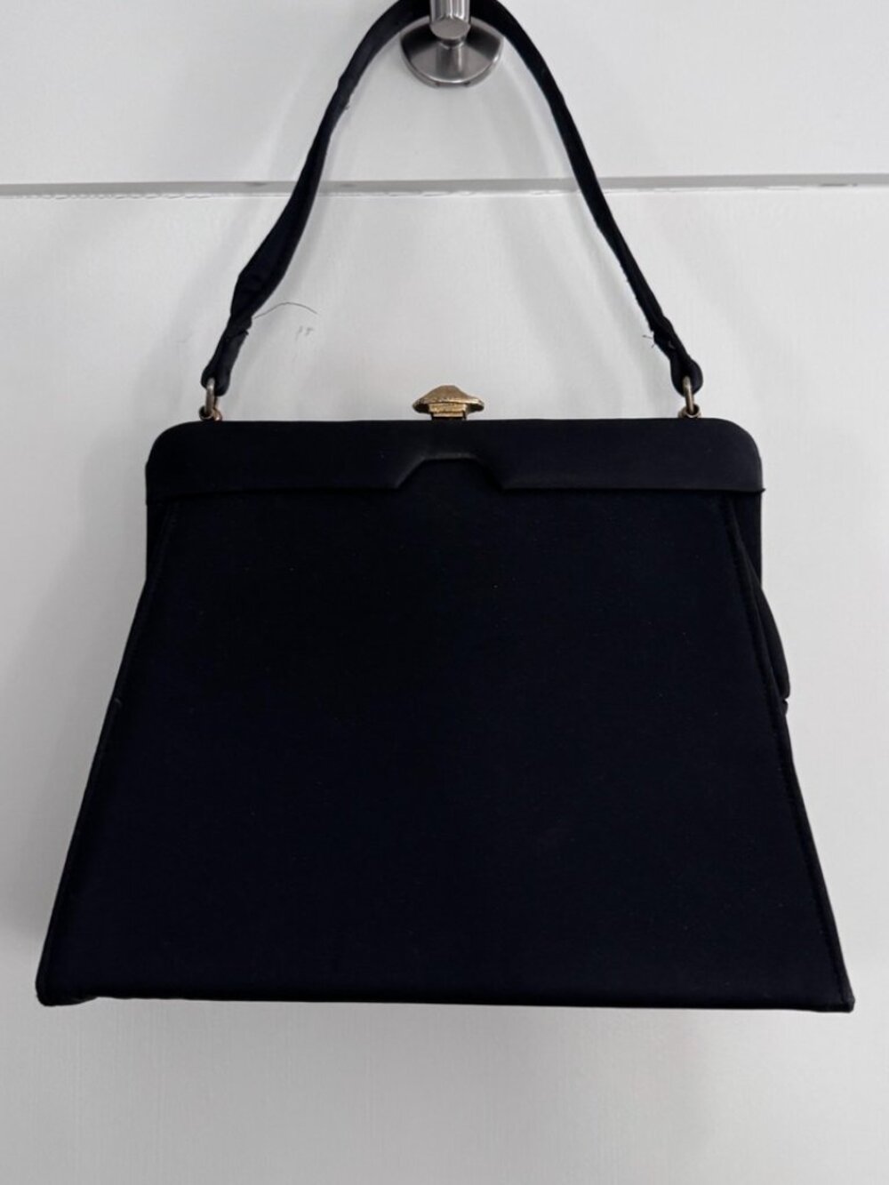 Vintage Evening Bag (1950s): Trapezoid Shape, Black Fabric,Gold-Tone Brass Clasp - Picture 2 of 6